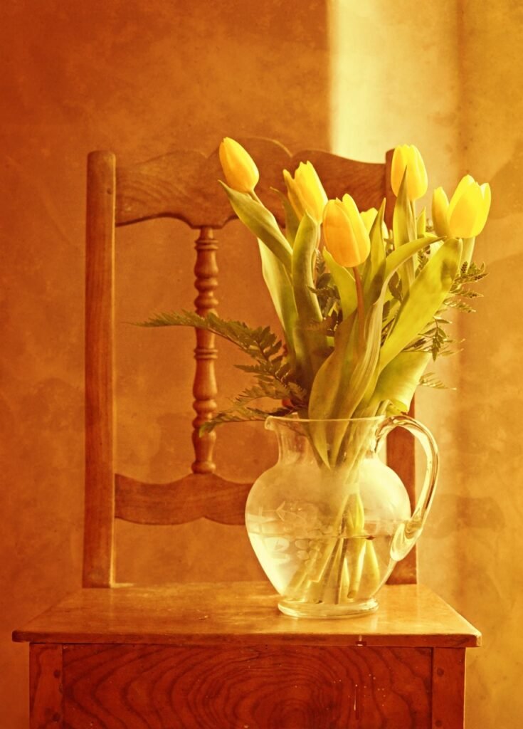 tulip bouquet, tulips, bunch of flowers, vase, flower vase, flower wallpaper, decoration, still life, chair, flower background, wooden chair, flower, decorative, interior design, vintage, antique, nature, grunge, beautiful flowers, yellow tulips, texture, romantic, design, rustic, postcard